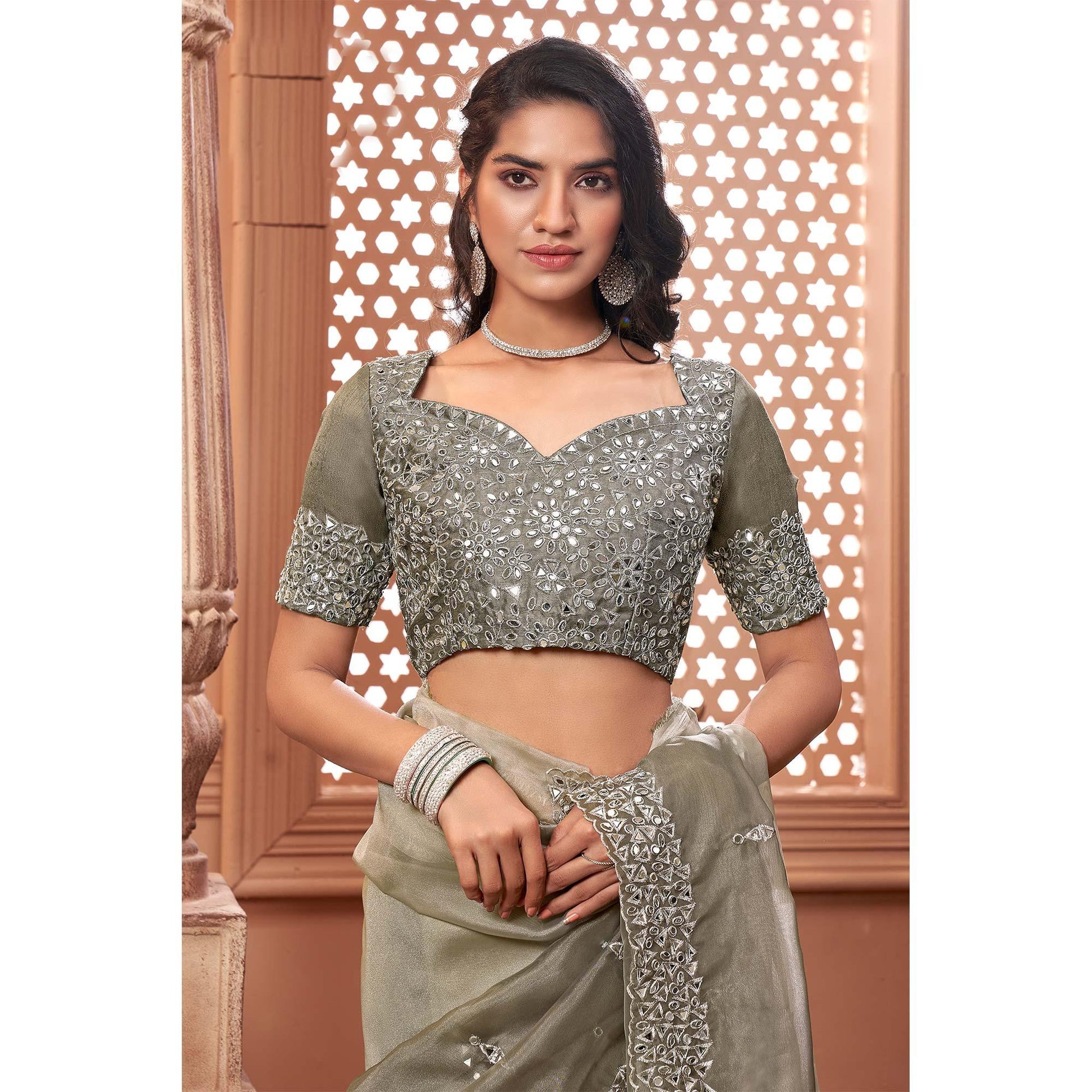 Grey Partywear Mirror Work Embroidered Organza Saree