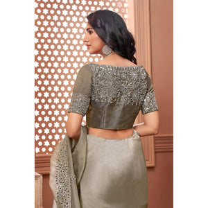Grey Partywear Mirror Work Embroidered Organza Saree