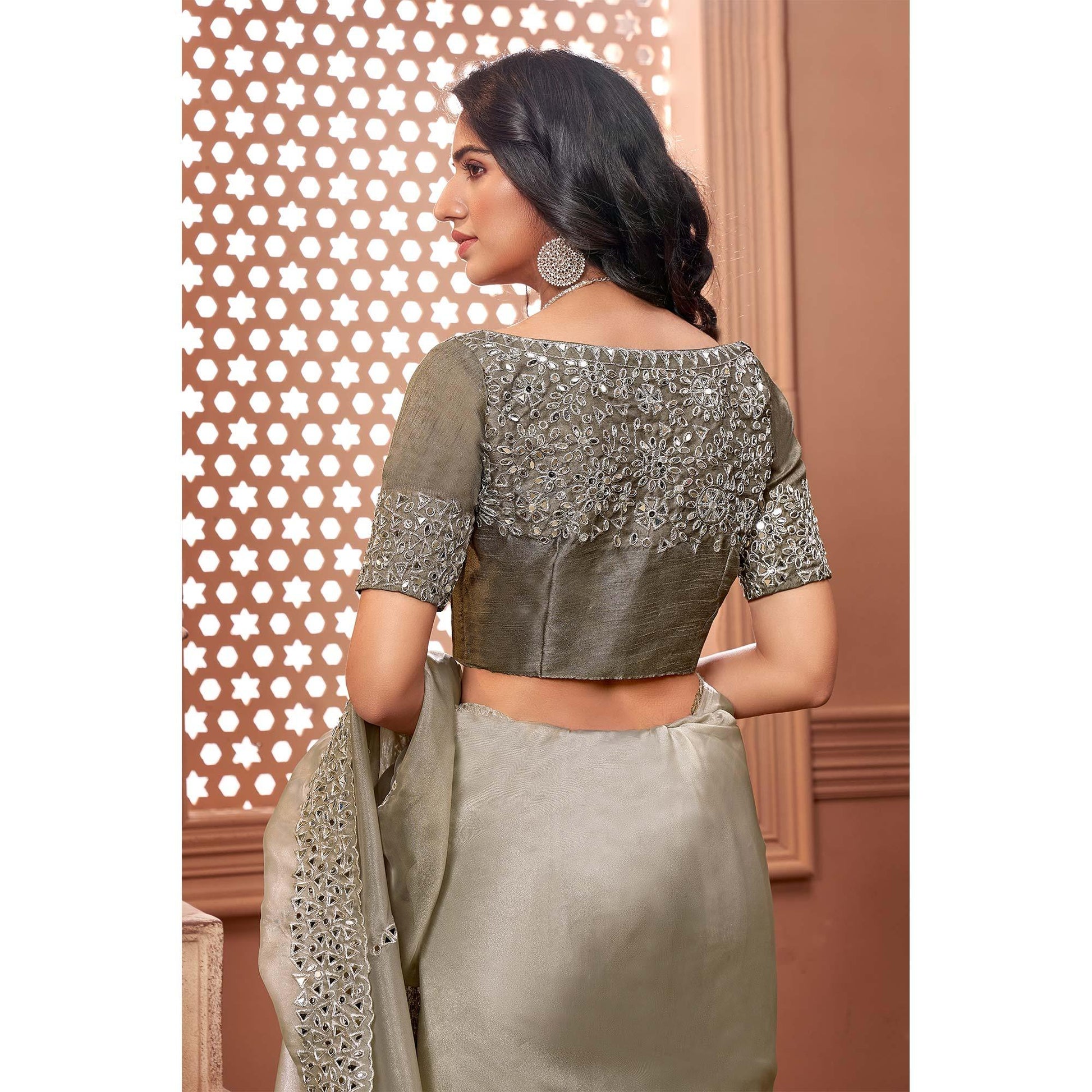 Grey Partywear Mirror Work Embroidered Organza Saree