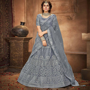 Grey Partywear Multi Sequins Embroidered Net Lehenga Choli