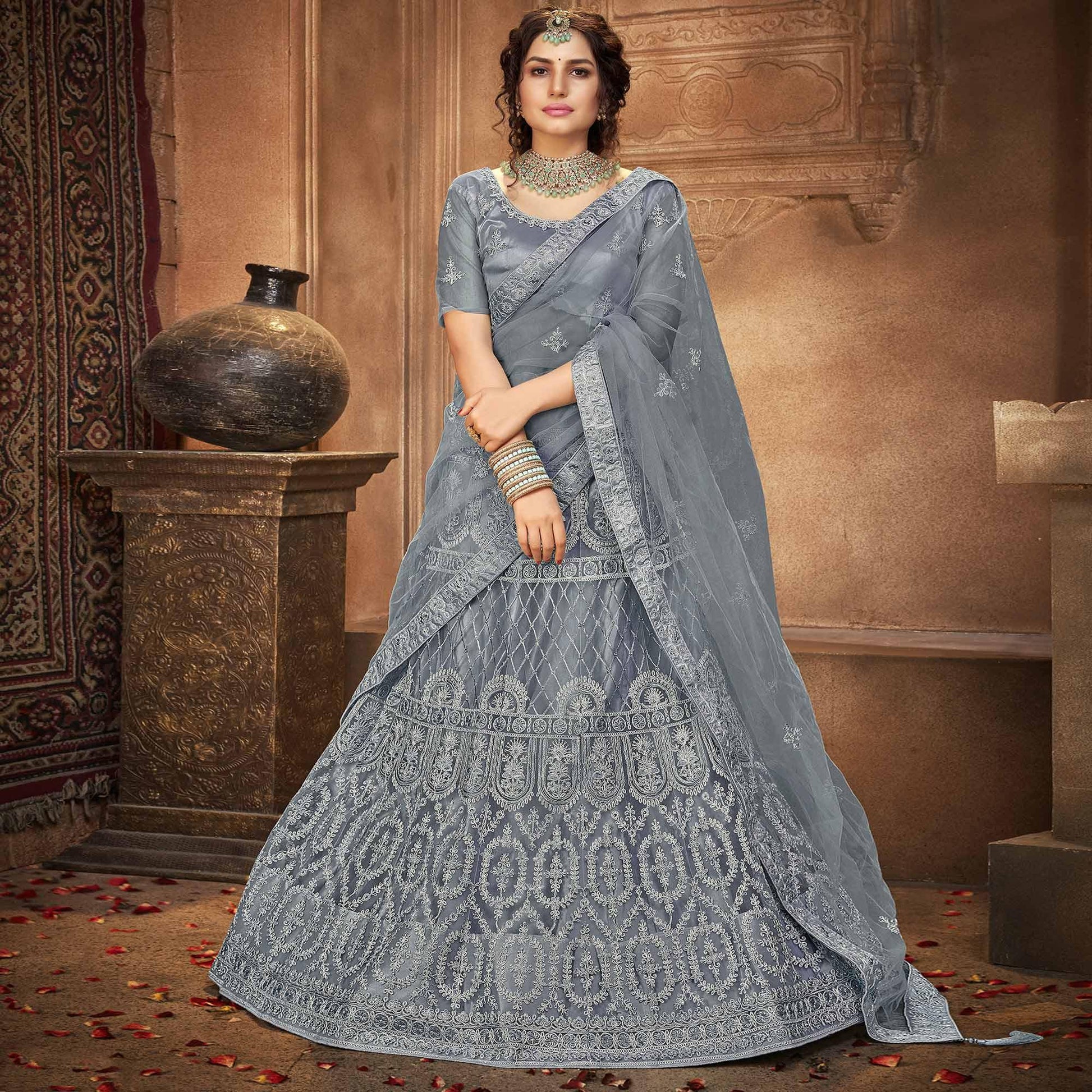 Grey Partywear Multi Sequins Embroidered Net Lehenga Choli