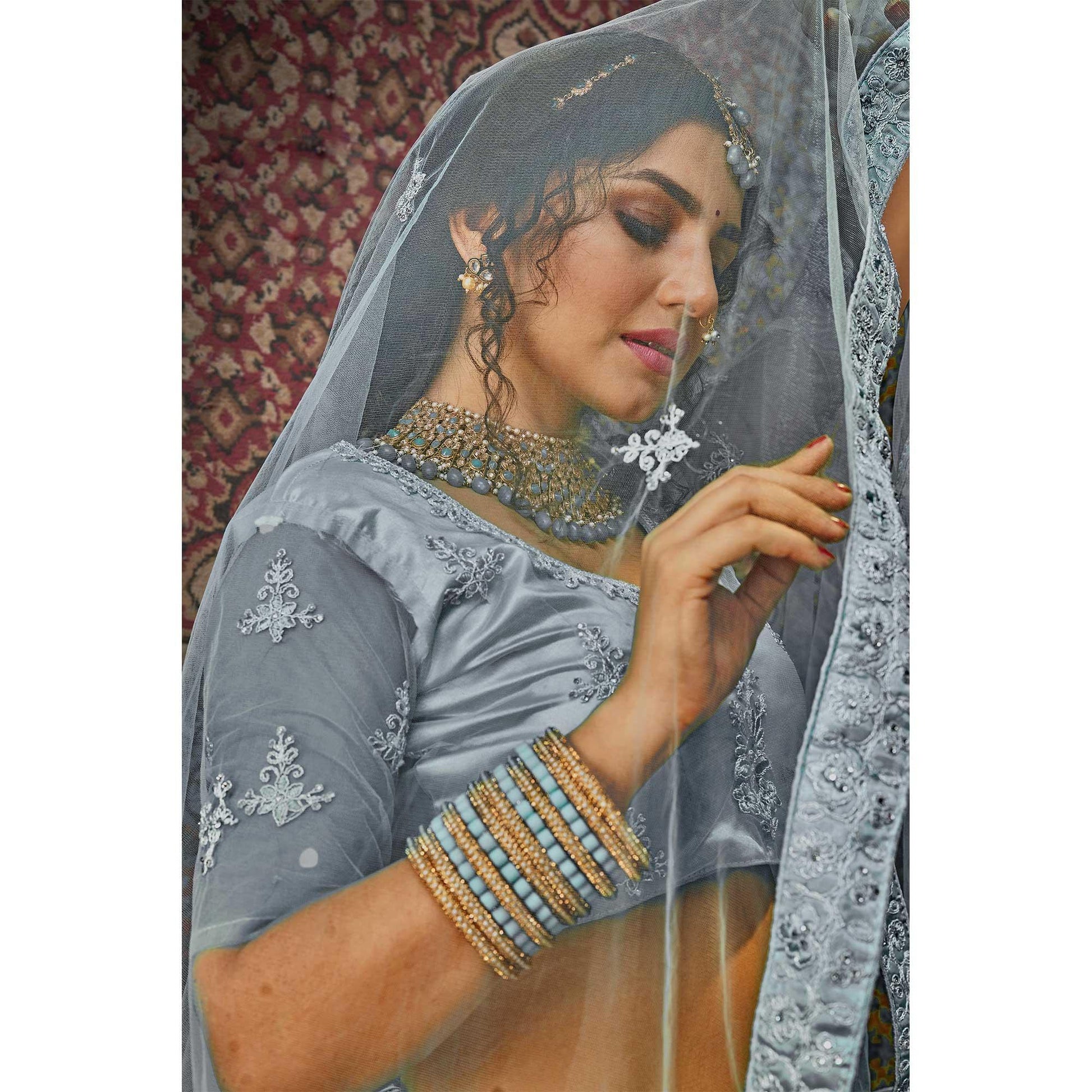 Grey Partywear Multi Sequins Embroidered Net Lehenga Choli