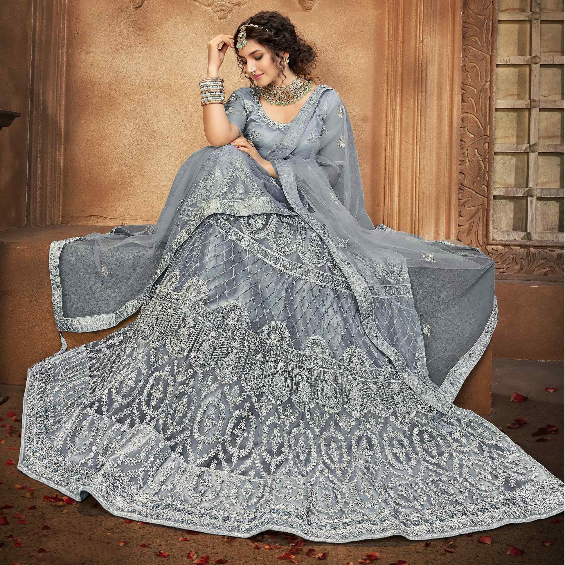 Grey Partywear Multi Sequins Embroidered Net Lehenga Choli