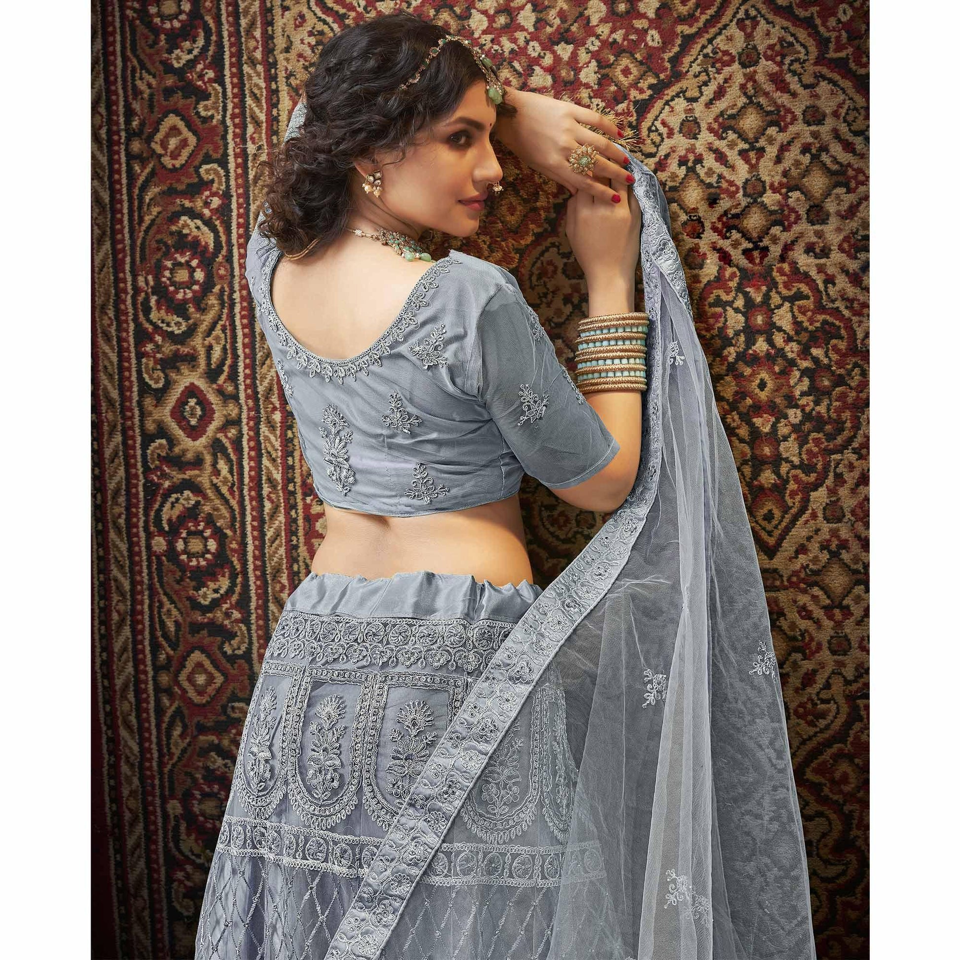 Grey Partywear Multi Sequins Embroidered Net Lehenga Choli
