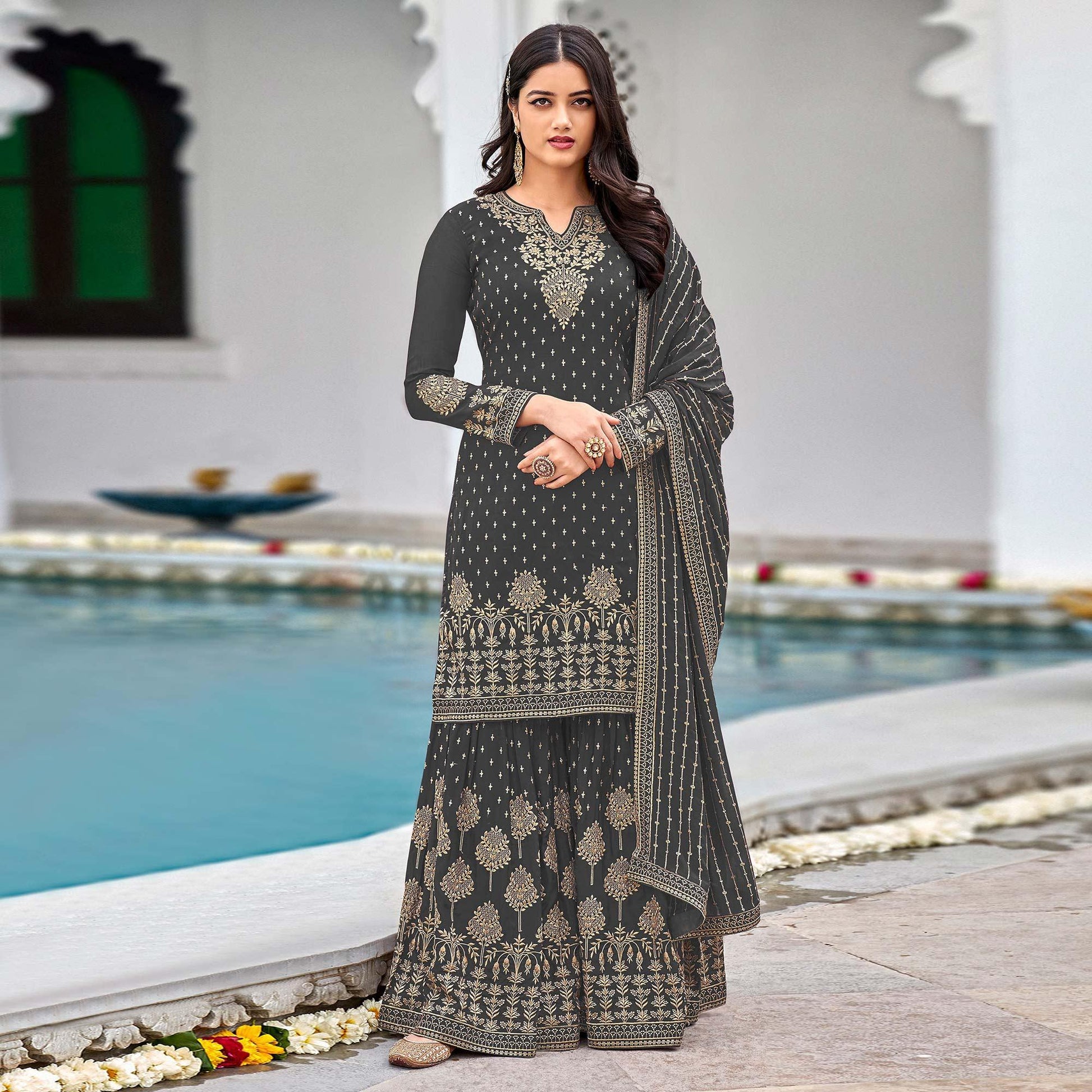 Grey Partywear Sequins & Embroidered Faux Georgette Salwar Suit