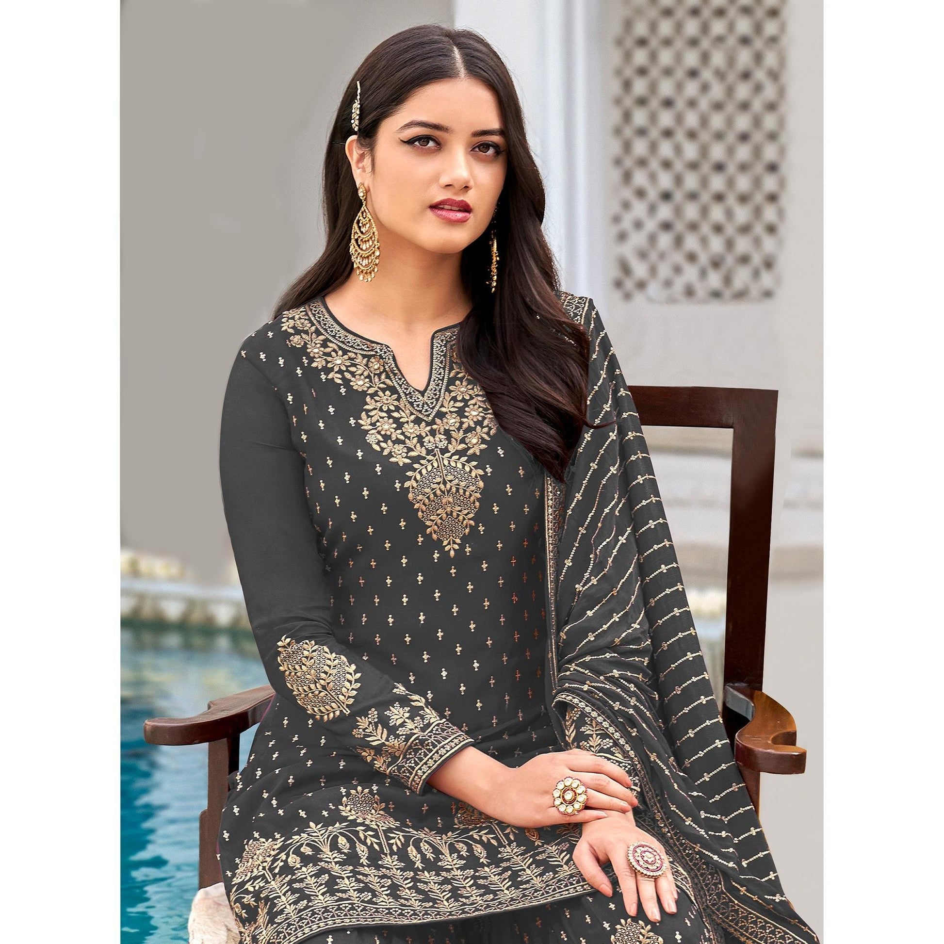 Grey Partywear Sequins & Embroidered Faux Georgette Salwar Suit