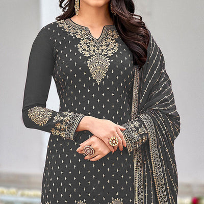 Grey Partywear Sequins & Embroidered Faux Georgette Salwar Suit