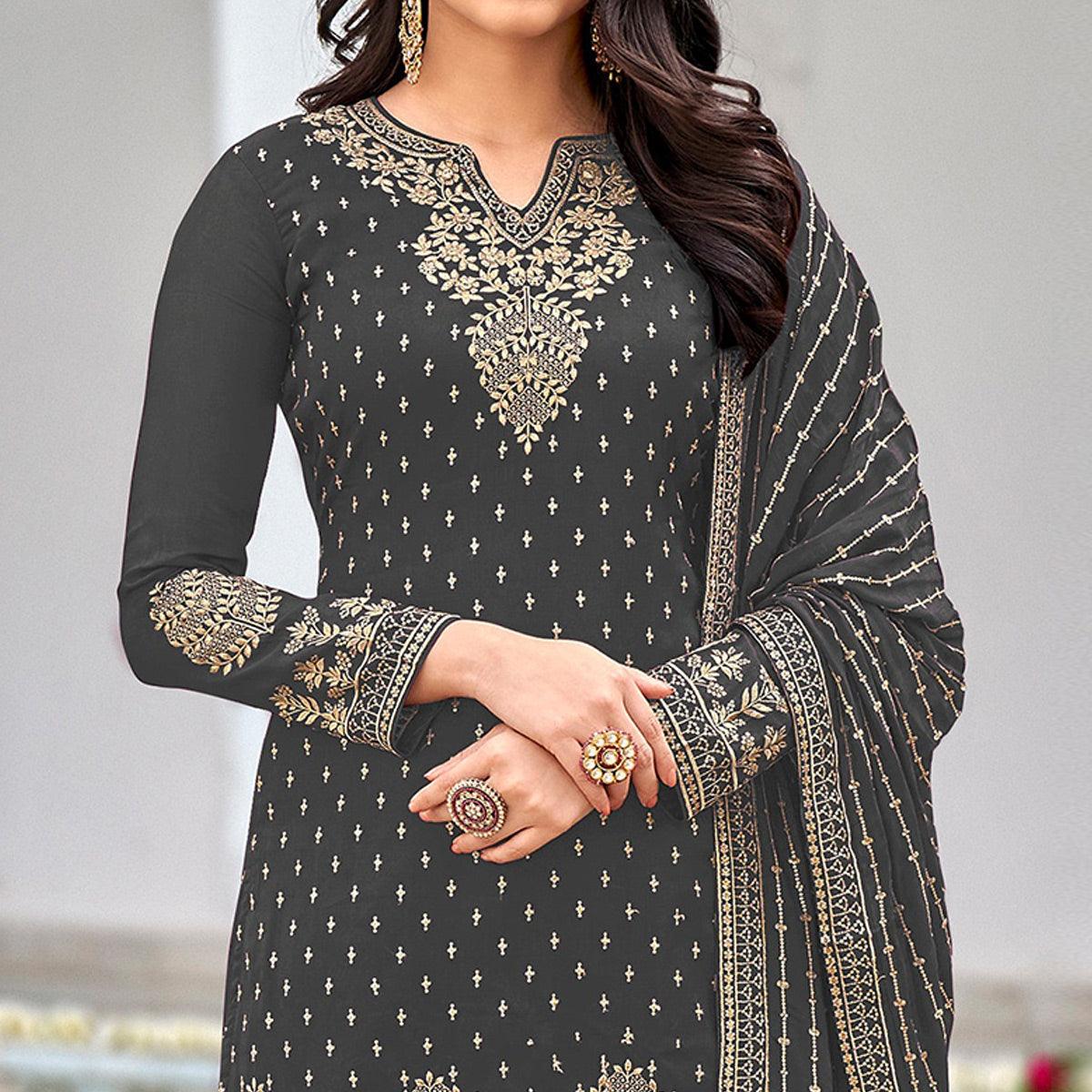 Grey Partywear Sequins & Embroidered Faux Georgette Salwar Suit