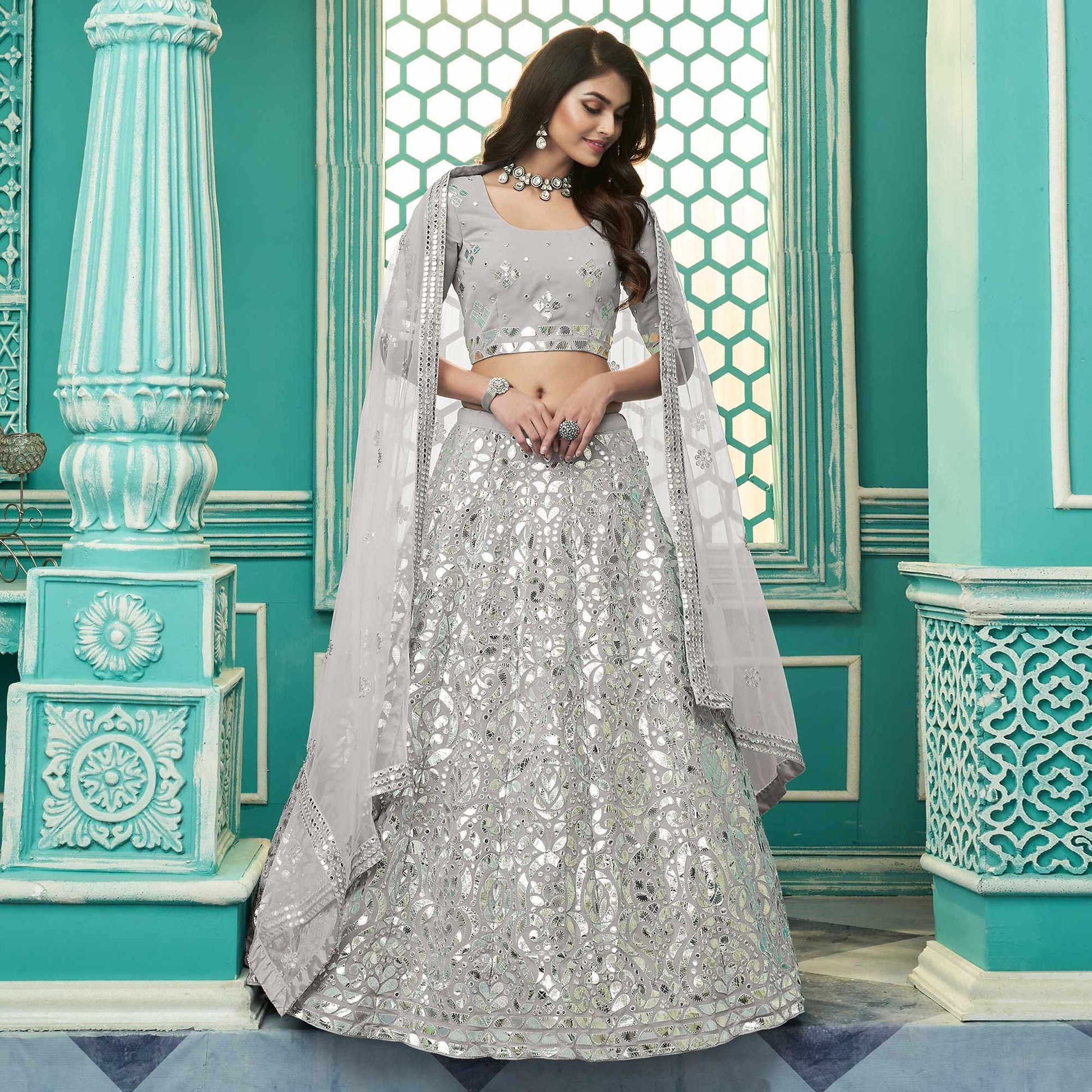 Grey Partywear Sequins Embroidered Georgette Lehenga Choli