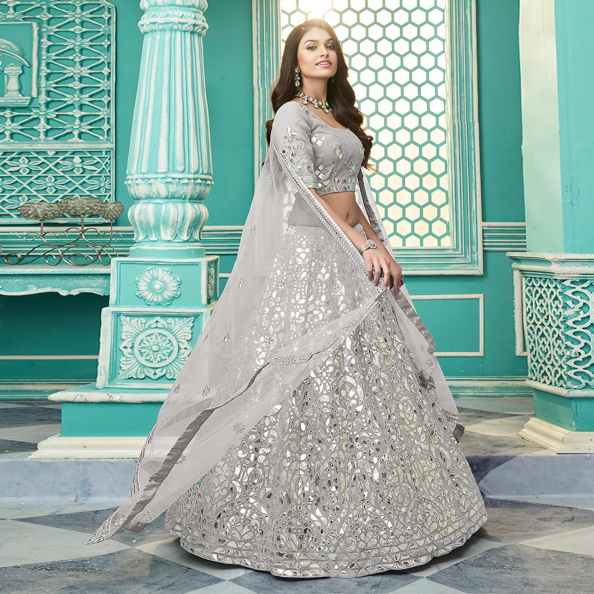 Grey Partywear Sequins Embroidered Georgette Lehenga Choli
