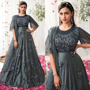 Grey Partywear Sequins Embroidered Net Gown