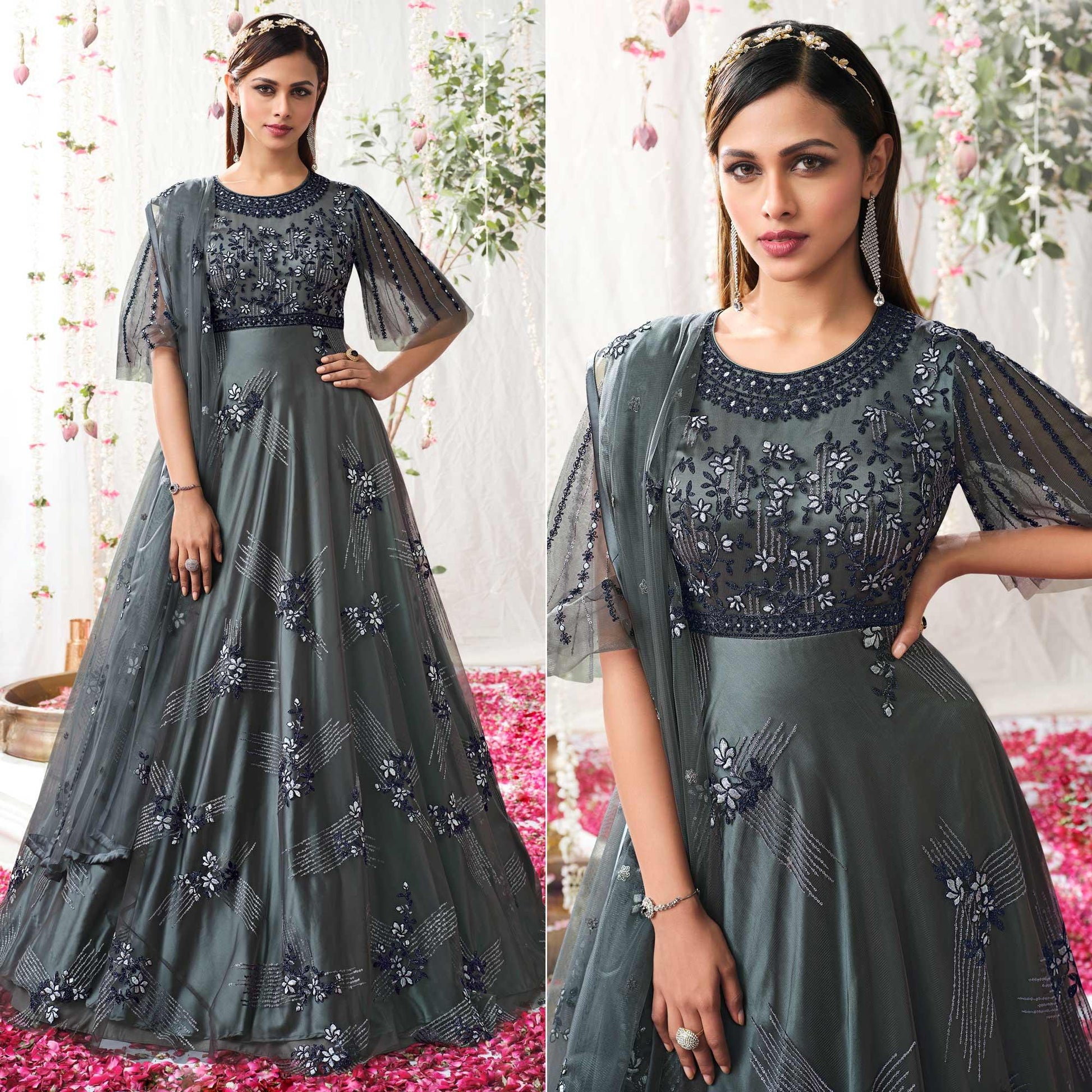 Grey Partywear Sequins Embroidered Net Gown