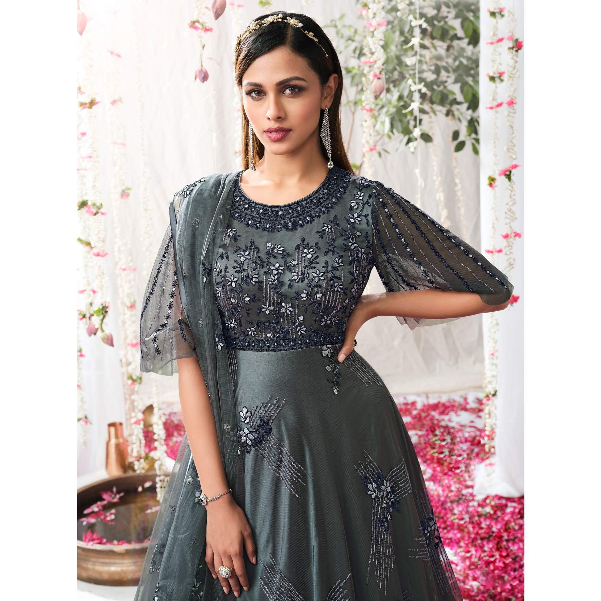 Grey Partywear Sequins Embroidered Net Gown