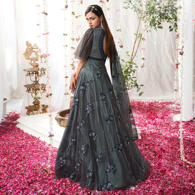Grey Partywear Sequins Embroidered Net Gown