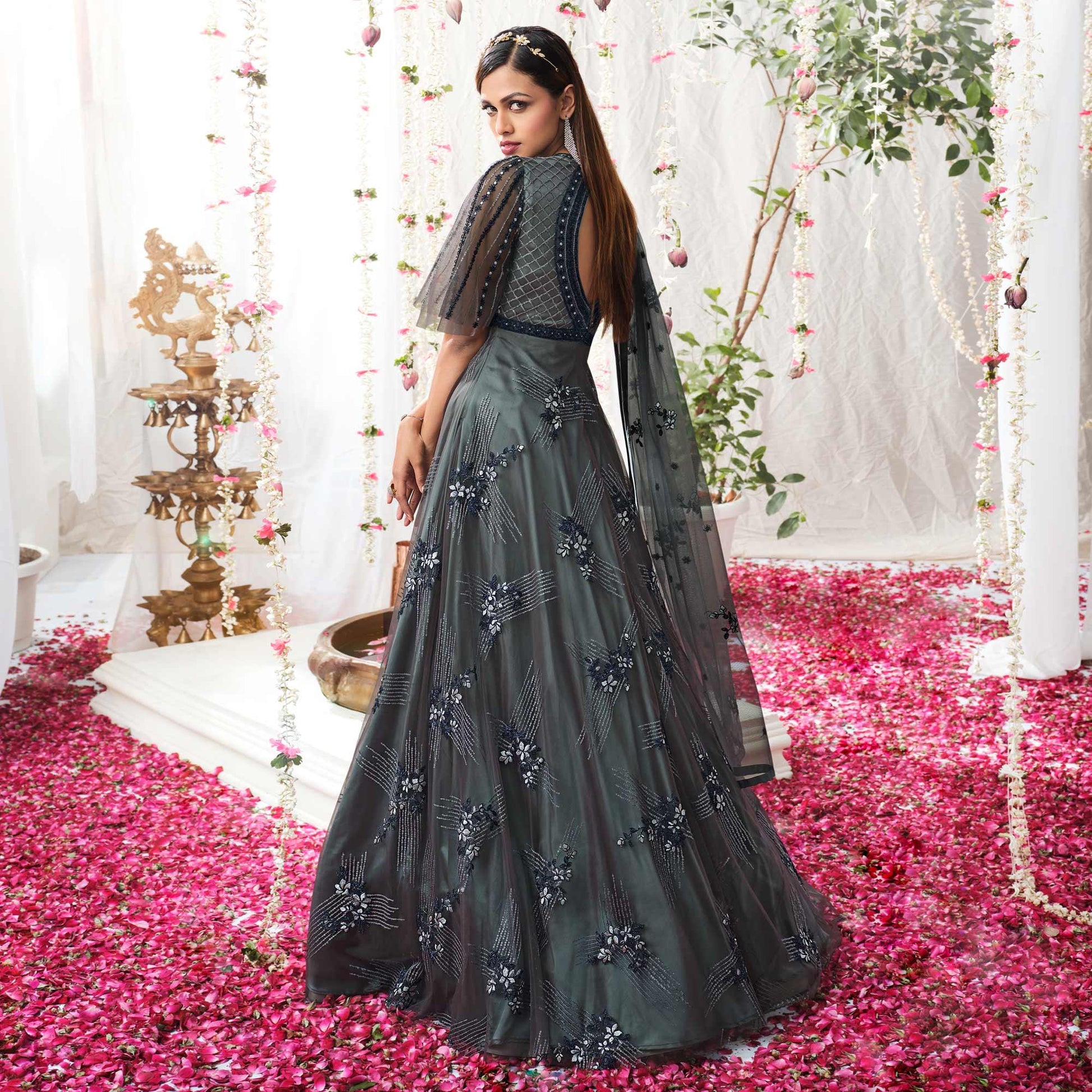 Grey Partywear Sequins Embroidered Net Gown