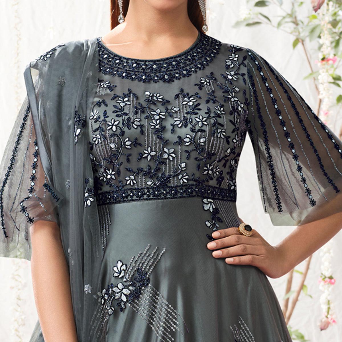 Grey Partywear Sequins Embroidered Net Gown