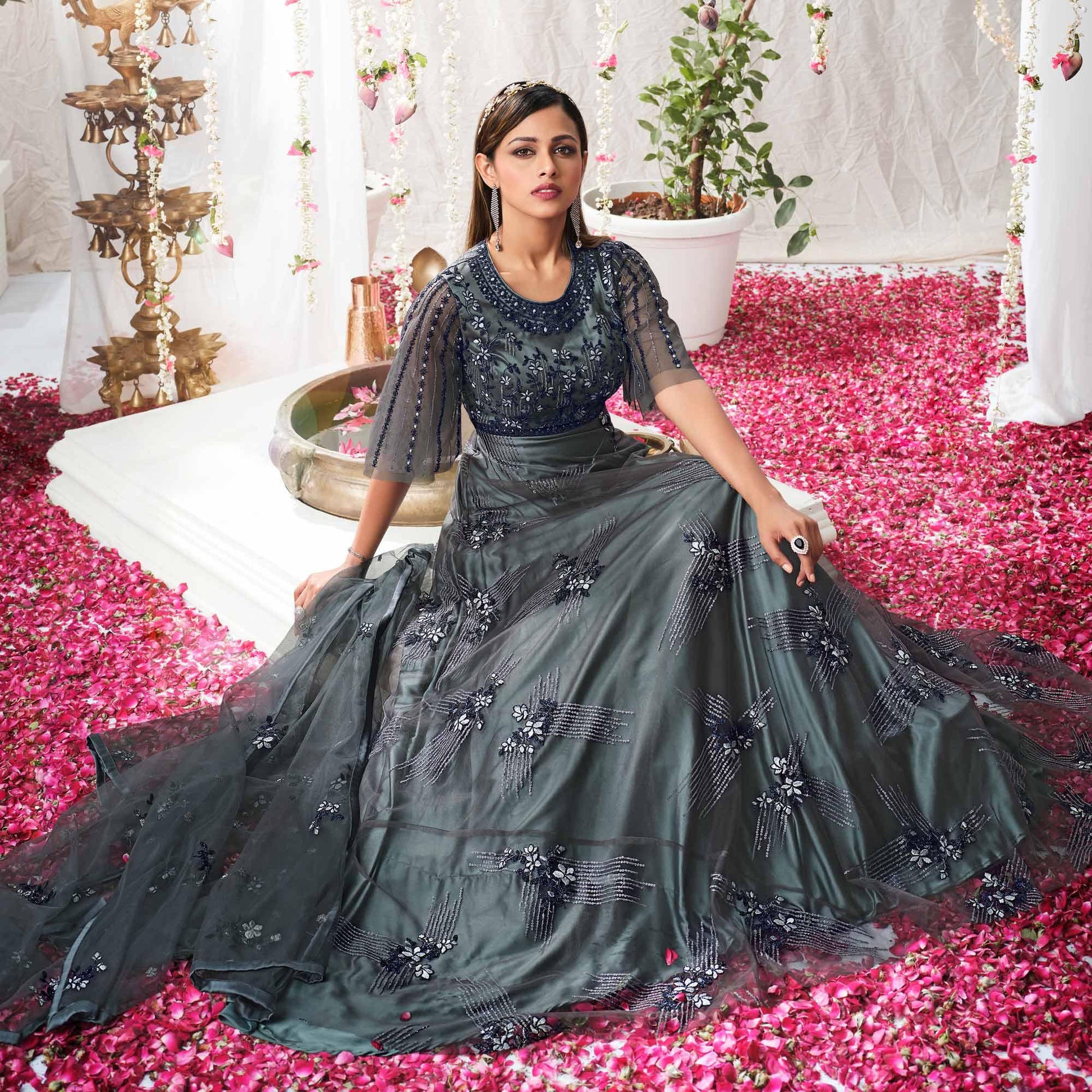Grey Partywear Sequins Embroidered Net Gown