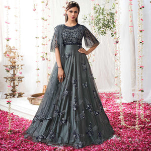 Grey Partywear Sequins Embroidered Net Gown