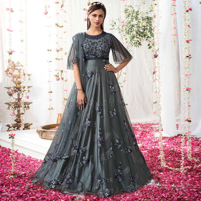 Grey Partywear Sequins Embroidered Net Gown