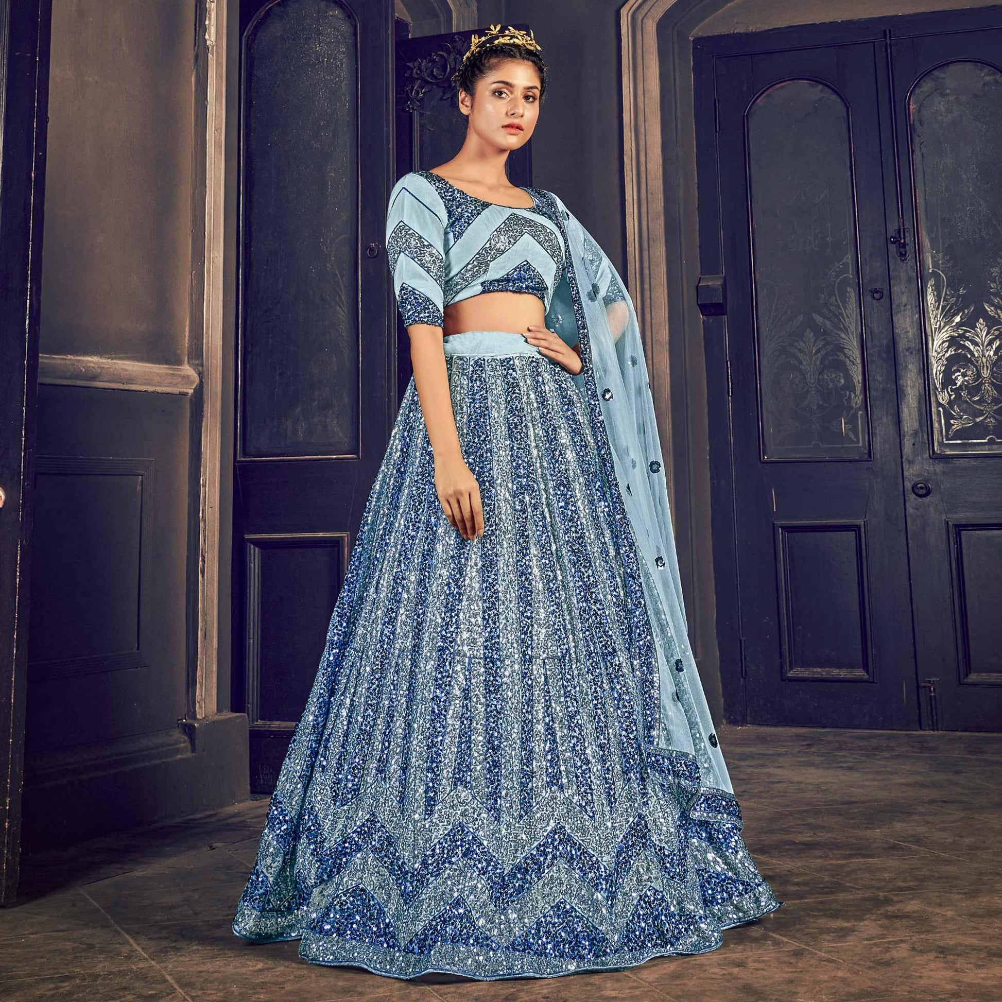 Grey Partywear Sequins Embroidered Net Lehenga Choli