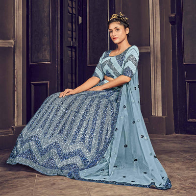 Grey Partywear Sequins Embroidered Net Lehenga Choli