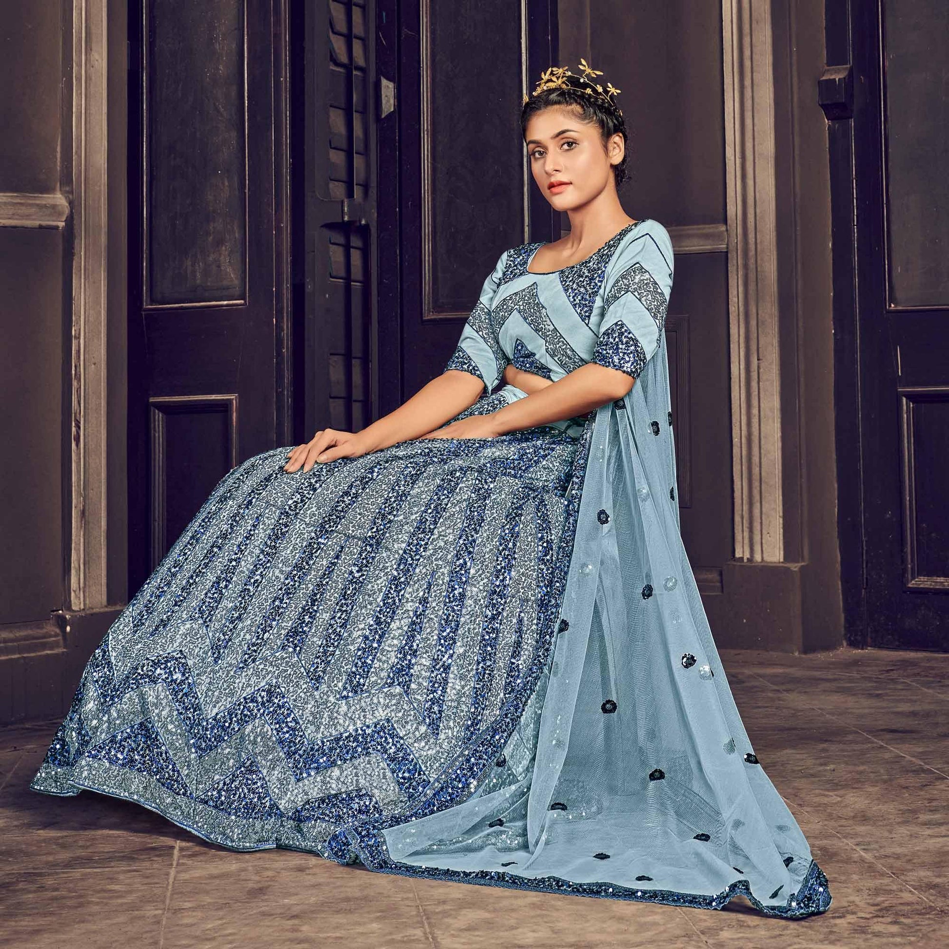Grey Partywear Sequins Embroidered Net Lehenga Choli