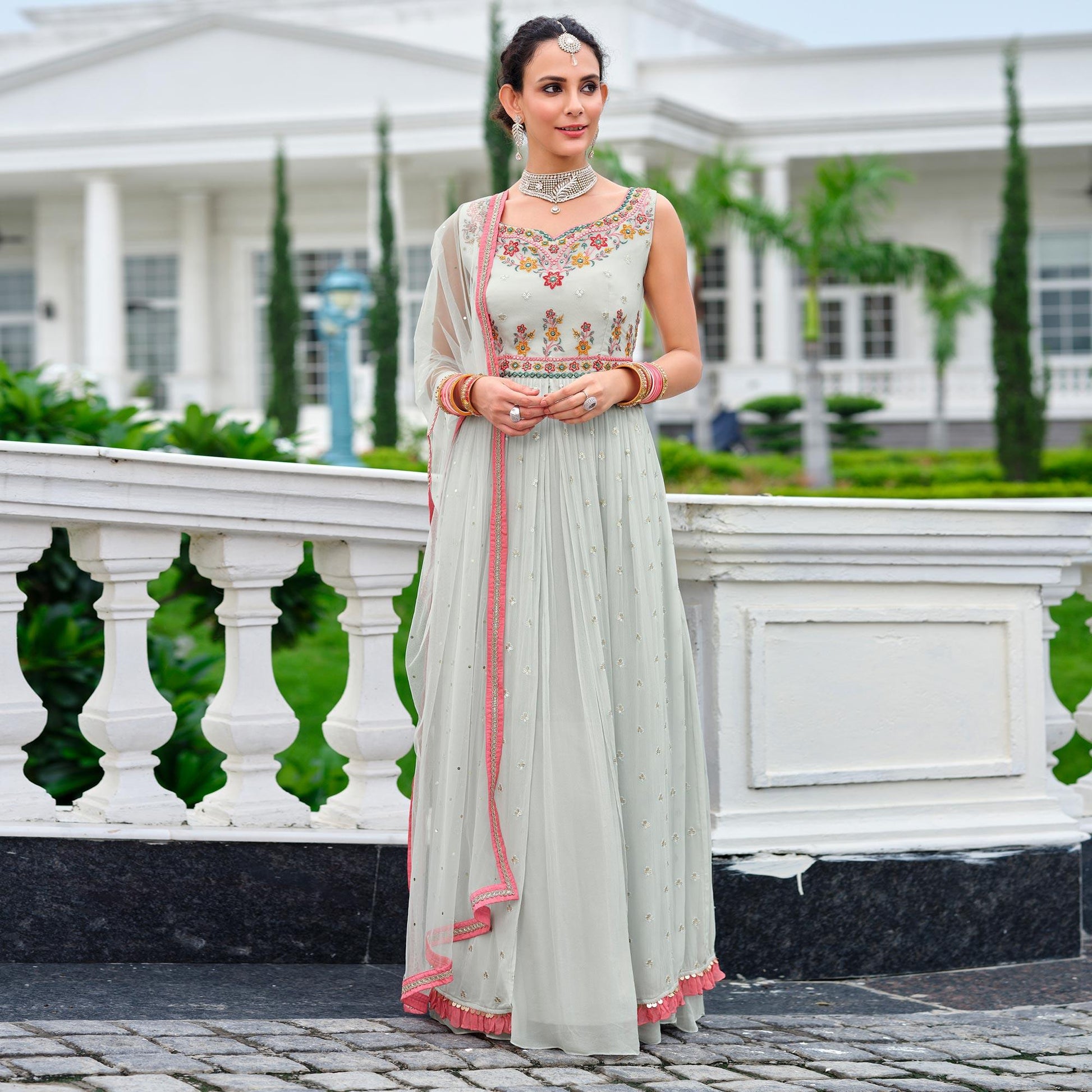 Grey Partywear Sequins Embroidered Pure Viscose Anarkali Suit