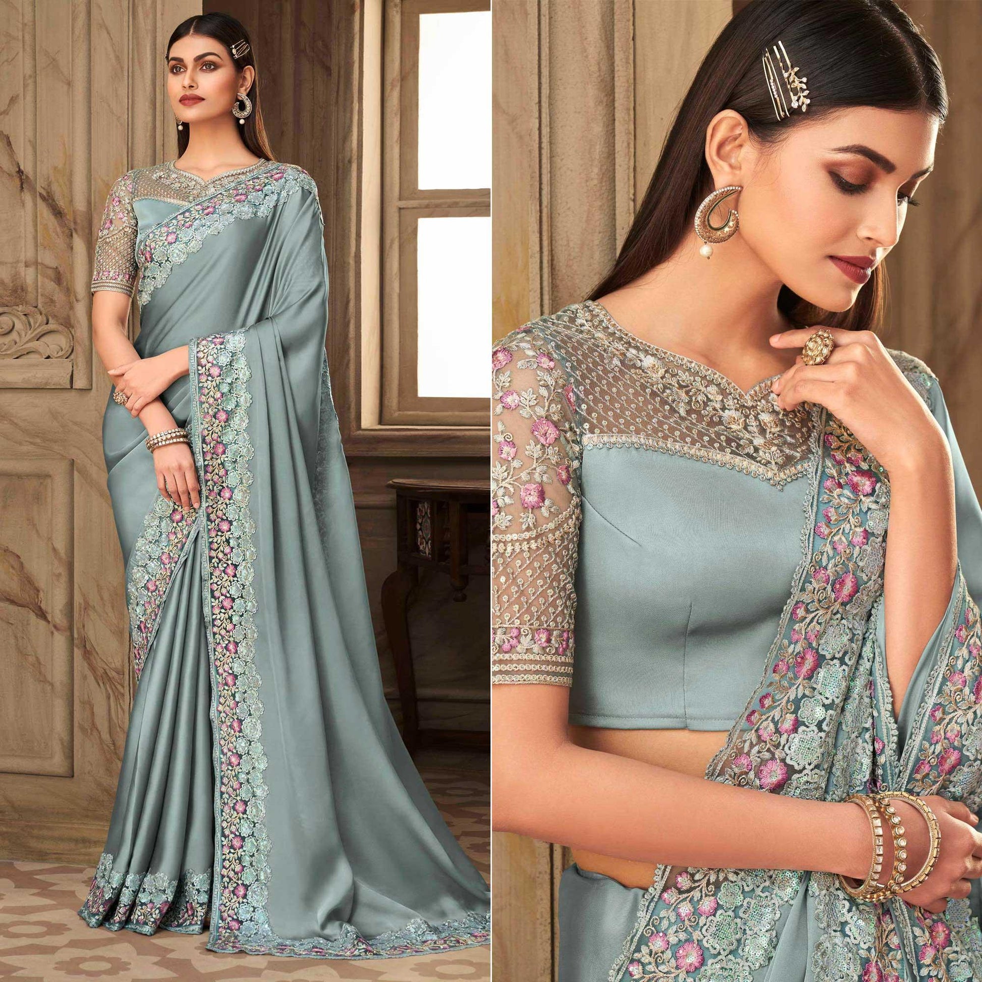 Grey Partywear Sequins Embroidered  Silk Saree