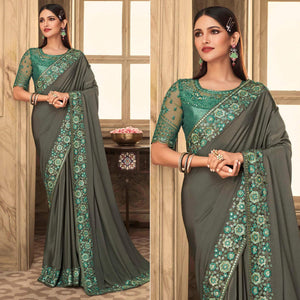 Grey Partywear Sequins Embroidered  Silk Saree