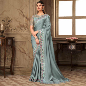 Grey Partywear Sequins Embroidered  Silk Saree