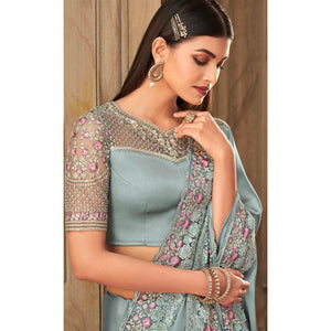 Grey Partywear Sequins Embroidered  Silk Saree