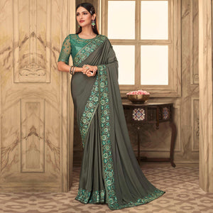 Grey Partywear Sequins Embroidered  Silk Saree