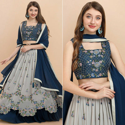 Grey Partywear Sequins Floral Embroidered Georgette Lehenga Choli