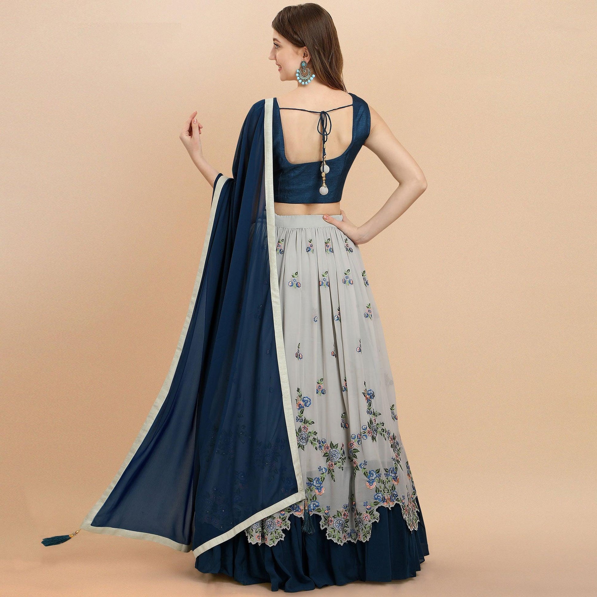 Grey Partywear Sequins Floral Embroidered Georgette Lehenga Choli