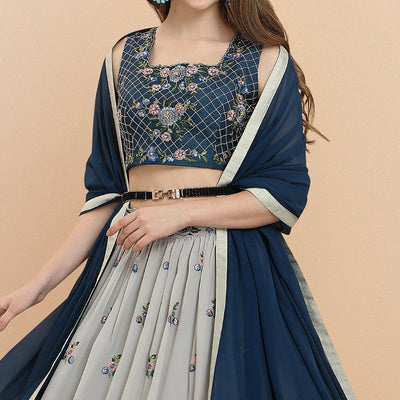 Grey Partywear Sequins Floral Embroidered Georgette Lehenga Choli