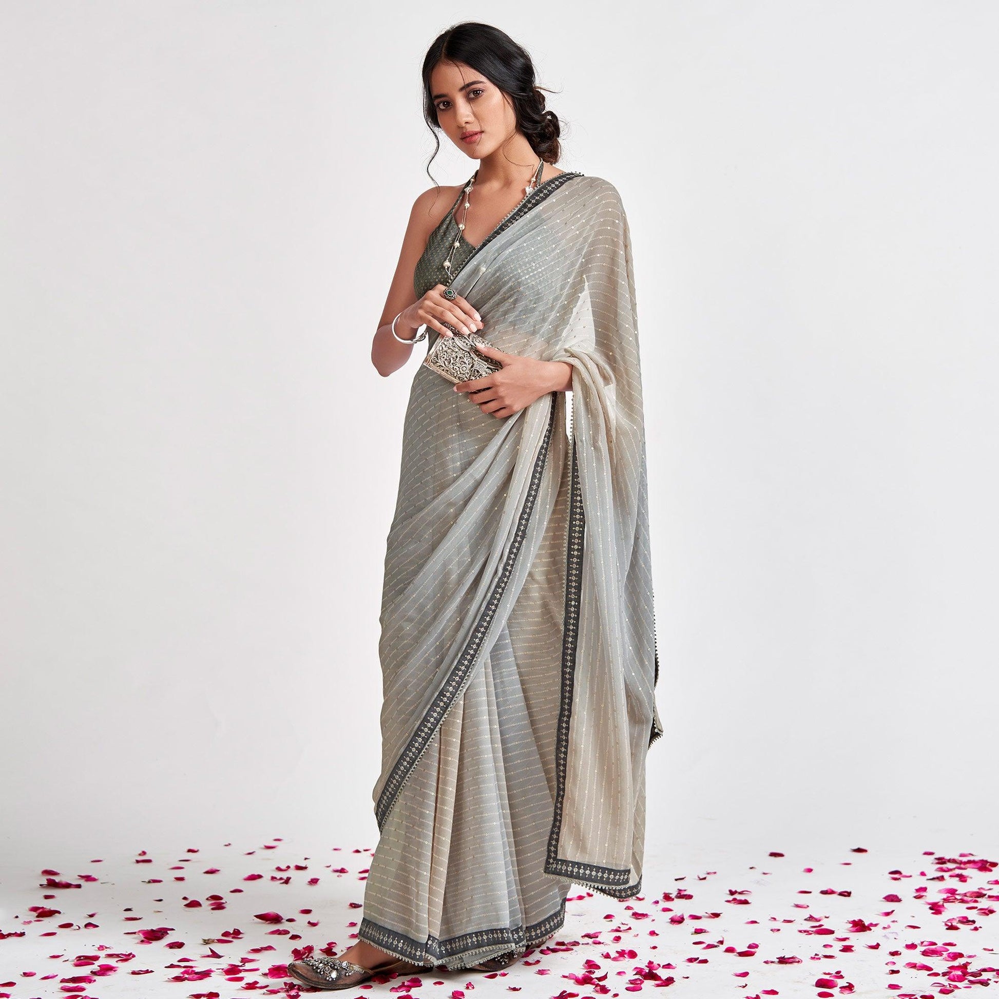 Grey Partywear Sequins Foil Printed Georgette Saree