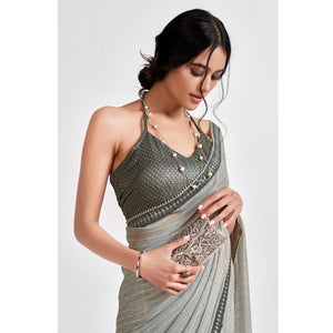 Grey Partywear Sequins Foil Printed Georgette Saree