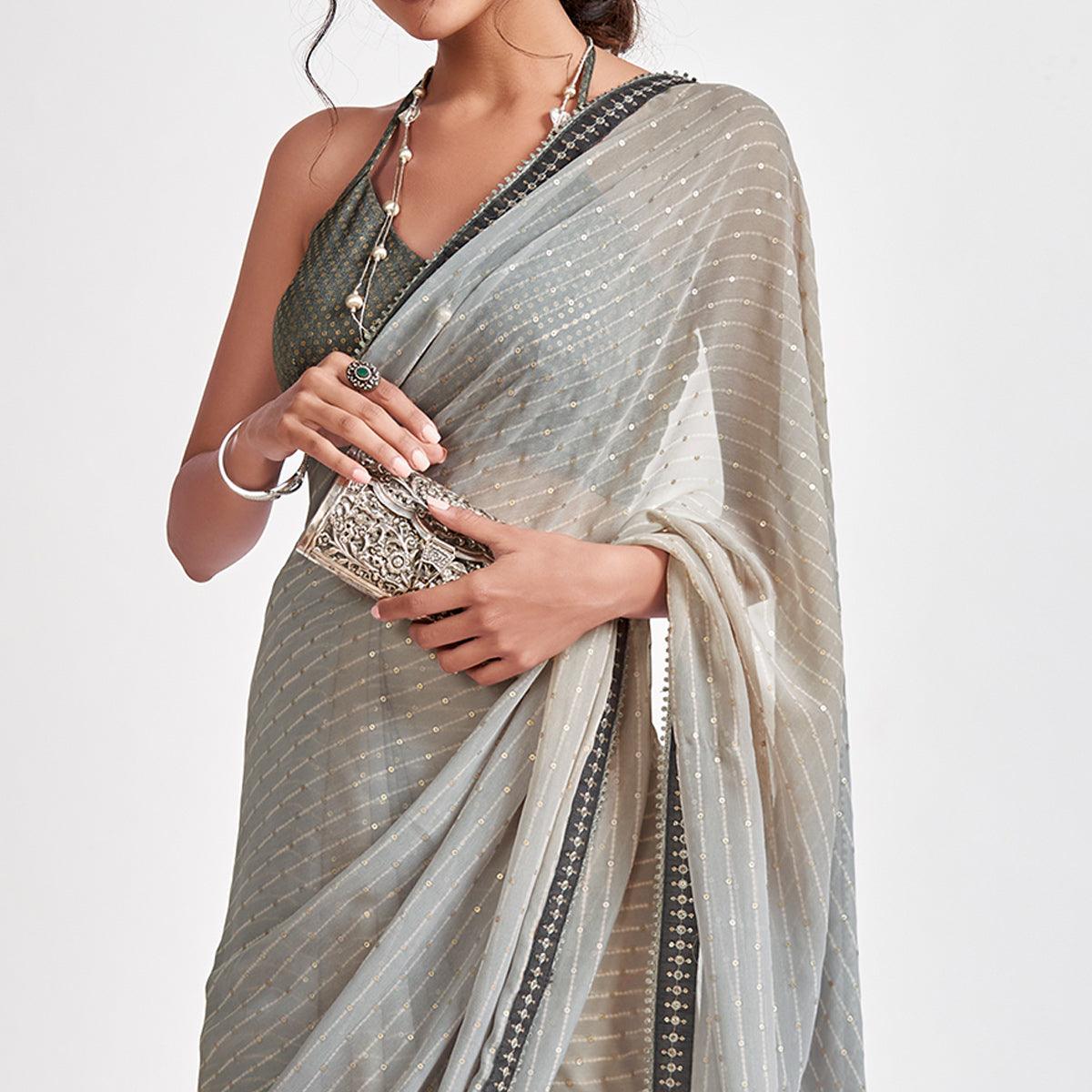 Grey Partywear Sequins Foil Printed Georgette Saree