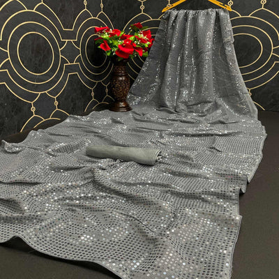 Grey Partywear Sequins Work Georgette Saree