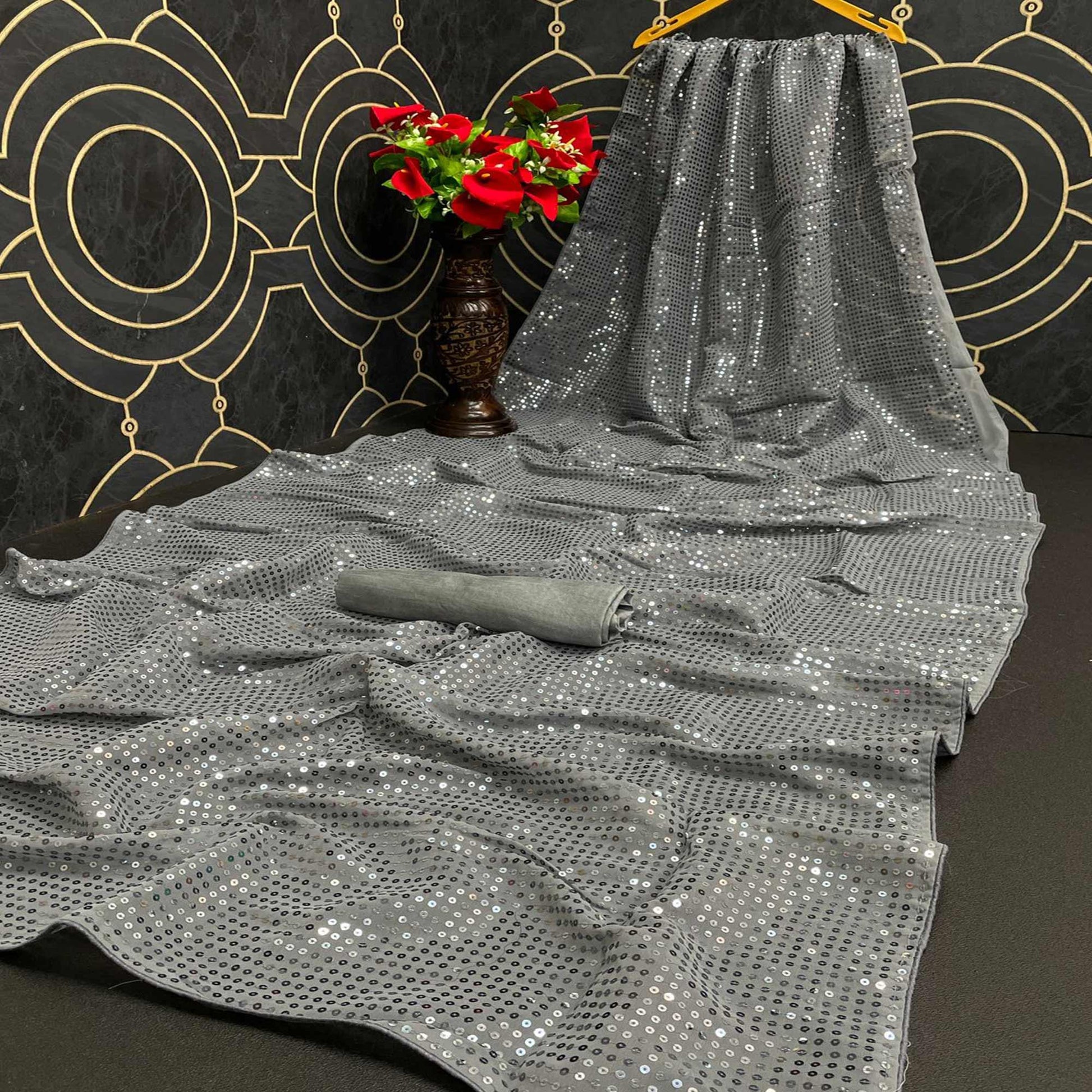 Grey Partywear Sequins Work Georgette Saree