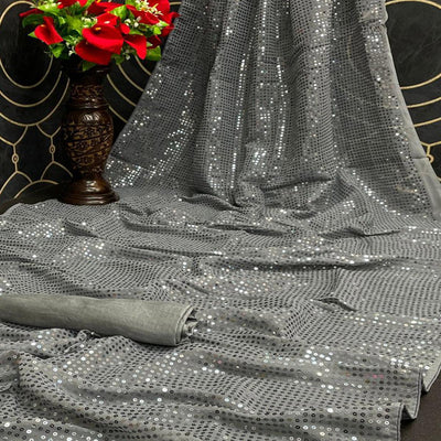 Grey Partywear Sequins Work Georgette Saree
