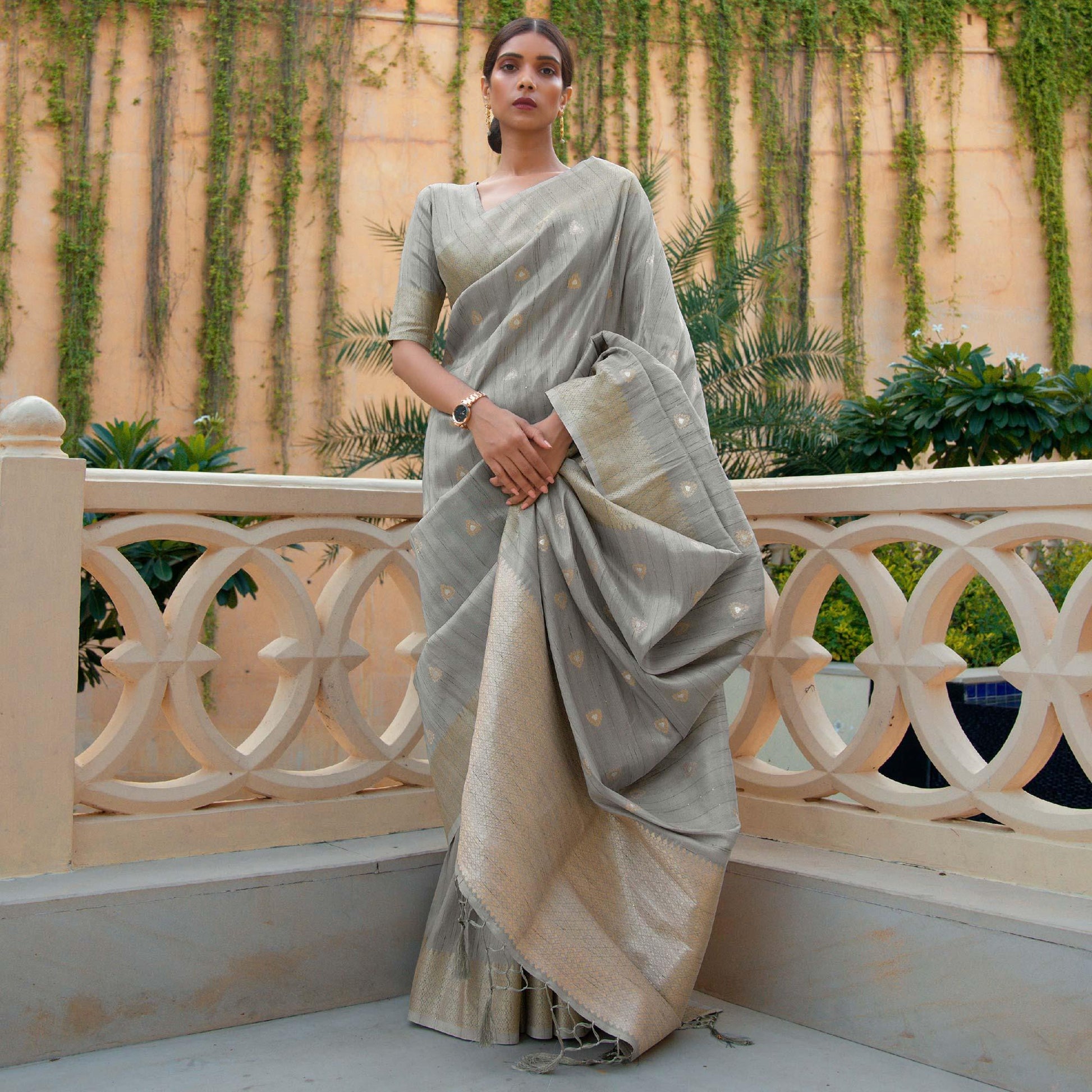Grey Partywear Sequins Woven Silk Saree