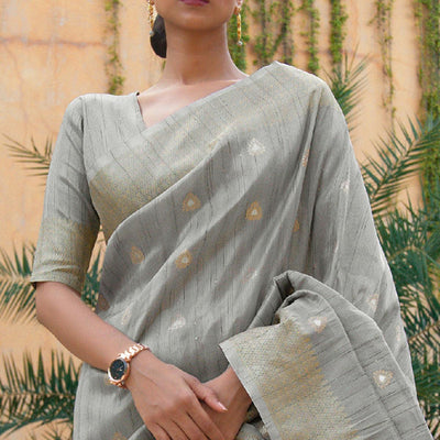 Grey Partywear Sequins Woven Silk Saree