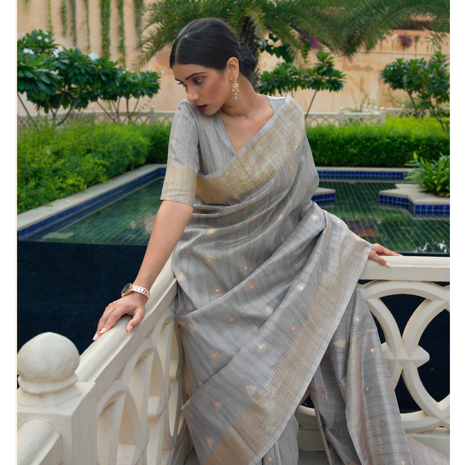 Grey Partywear Sequins Woven Silk Saree