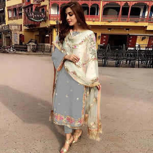 Grey Partywear Straight cut Style Embroidery and Moti Work faux Georgette Salwar Suit