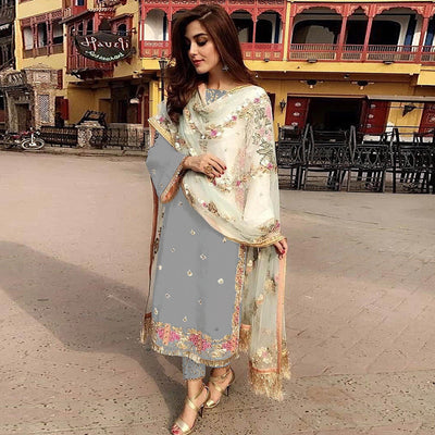 Grey Partywear Straight cut Style Embroidery and Moti Work faux Georgette Salwar Suit