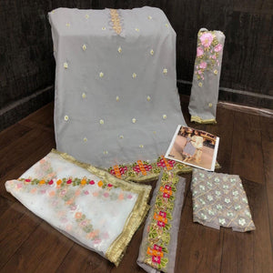 Grey Partywear Straight cut Style Embroidery and Moti Work faux Georgette Salwar Suit