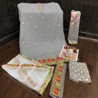 Grey Partywear Straight cut Style Embroidery and Moti Work faux Georgette Salwar Suit