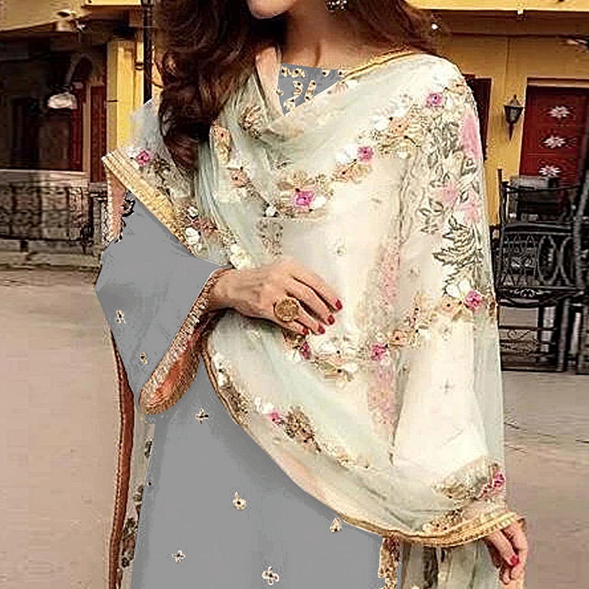 Grey Partywear Straight cut Style Embroidery and Moti Work faux Georgette Salwar Suit