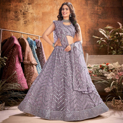 Grey Partywear Thread Sequins Soft Net Lehenga Choli